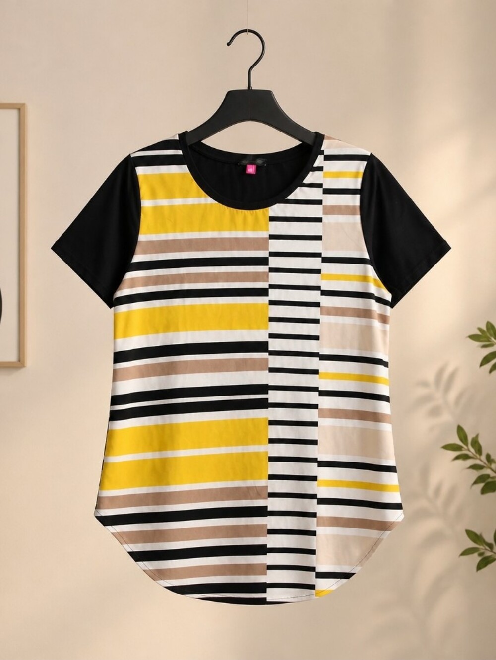 Striped Short-Sleeve Crewneck Top in Yellow, Black & Cream By Vince Camuto